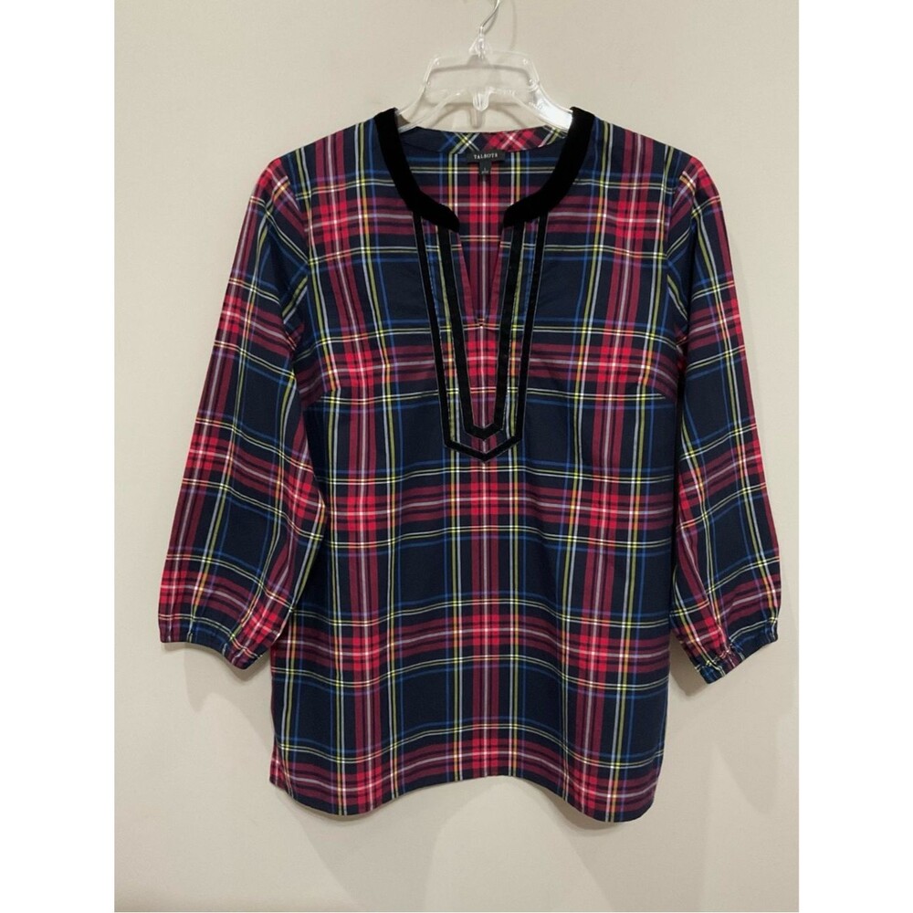 Talbots Tartan Plaid Split Neck Tunic Velvet Trim Sz Lg